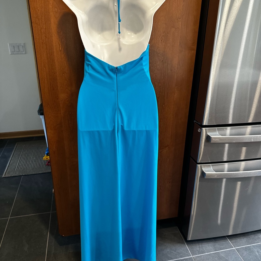 Vintage Y2K Prom Betsy & Adam Turquoise Halter Ruched Gown with Rhinestones - Picture 4 of 5